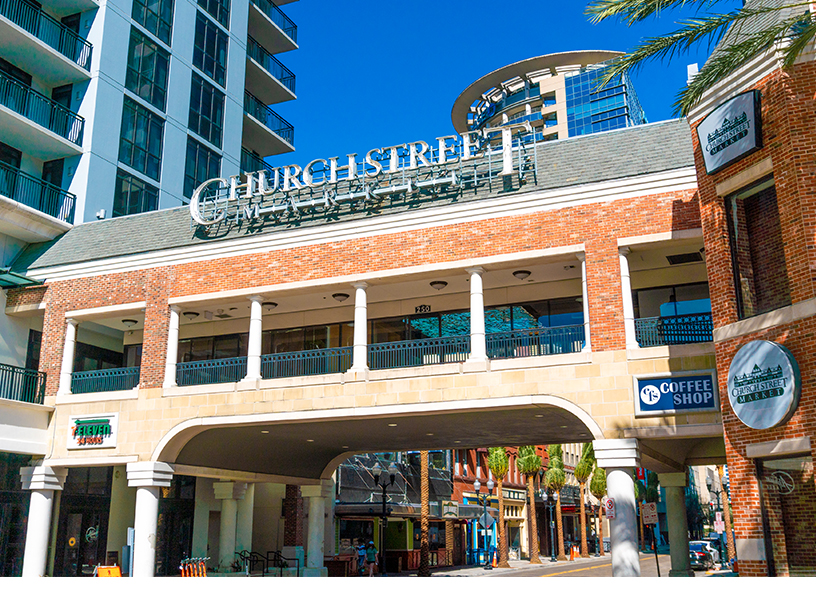 Church Street Market pedestrian bridge in Downtown Orlando