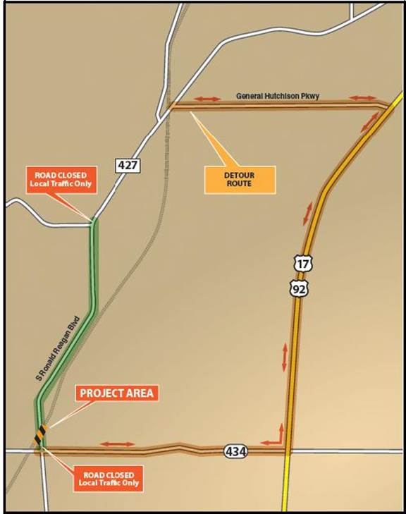 Map of Construction Alert – Weekend Road Closure on Ronald Regan Boulevard in Longwood