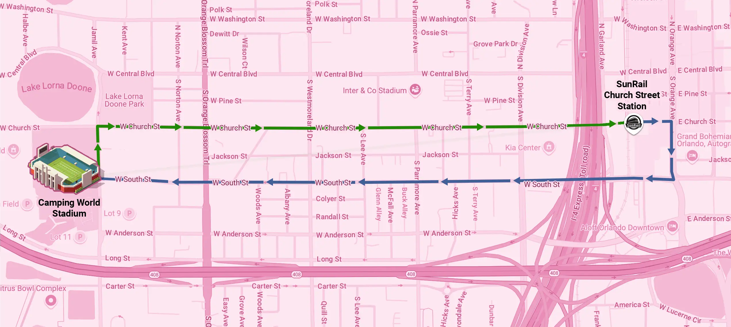 SunRail Church Street Station to Camping World Stadium map