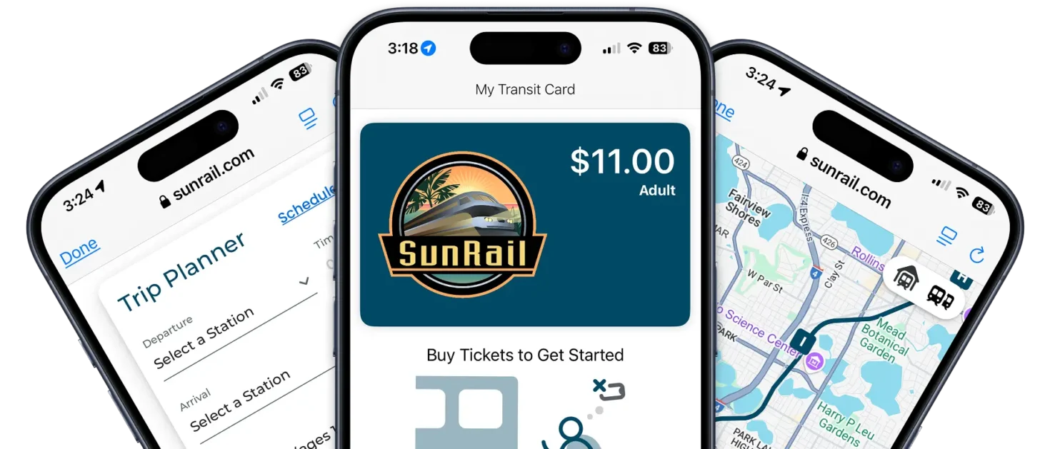 SunRail mobile app displayed on three separate iPhones.