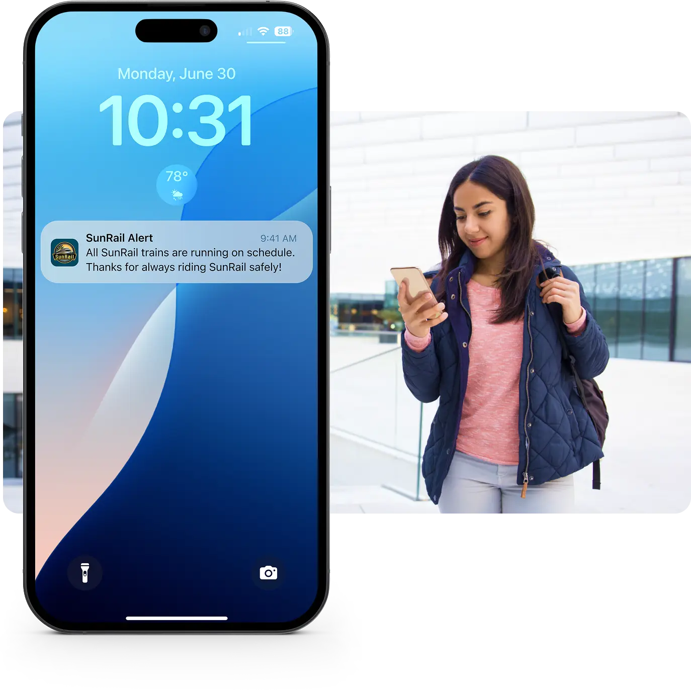 Service alert screen on top of woman looking at smart phone.