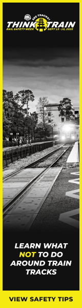 See Tracks? Think Train! Rail Safety Week, Sept 15-19, 2025. Learn What Not To Do Around Tracks.