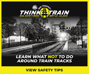 See Tracks? Think Train! Rail Safety Week, Sept 15-19, 2025. Learn What Not To Do Around Tracks.