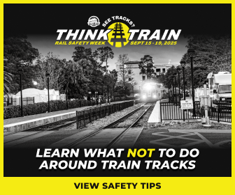 See Tracks? Think Train! Rail Safety Week, Sept 15-19, 2025. Learn What Not To Do Around Tracks.