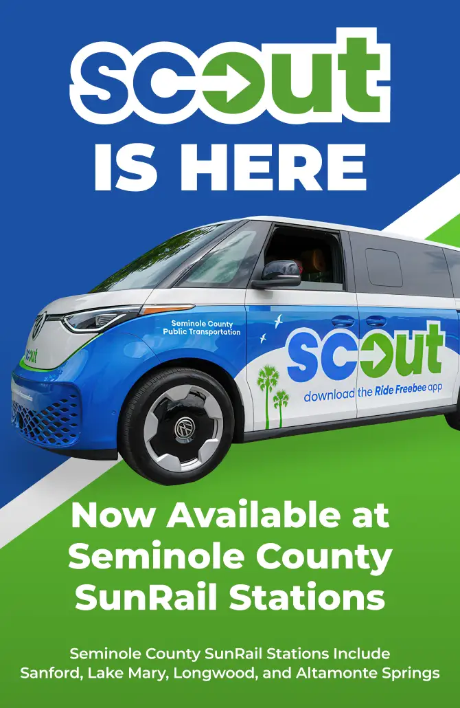 SCOUT is here - Now Available at Seminole County SunRail Stations. Seminole County SunRail Stations Include Sanford, Lake Mary, Longwood, and Altamonte Springs.