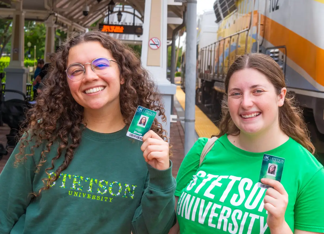 Two Stetson students on the platform at the SunRail Winter Park/Amtrak station.