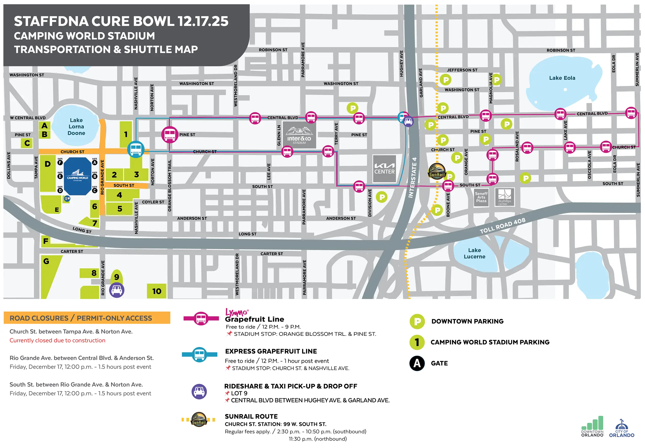 Mapa de la estación SunRail Church Street al Camping World Stadium
