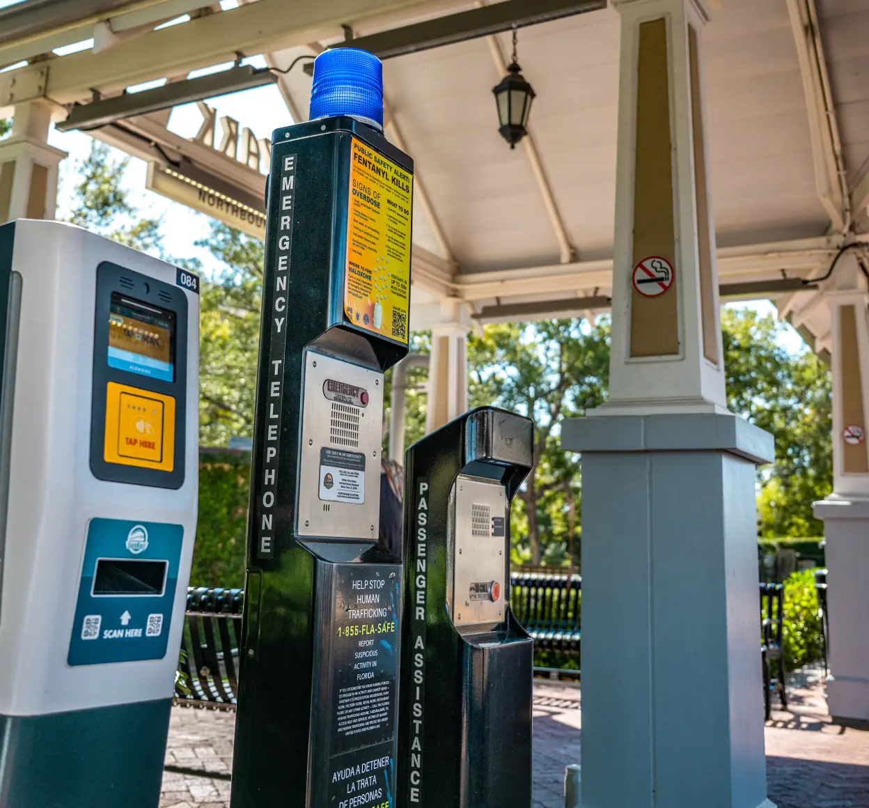 Emergency telephone and passenger assistance call box on the Winter Park / Amtrak SunRail Station platform.