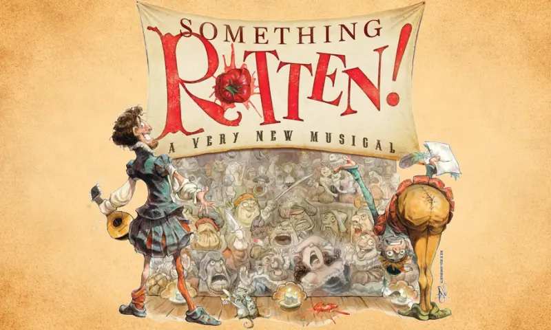 Promotional artwork for the Broadway musical Something Rotten showing performers presenting a theater banner.