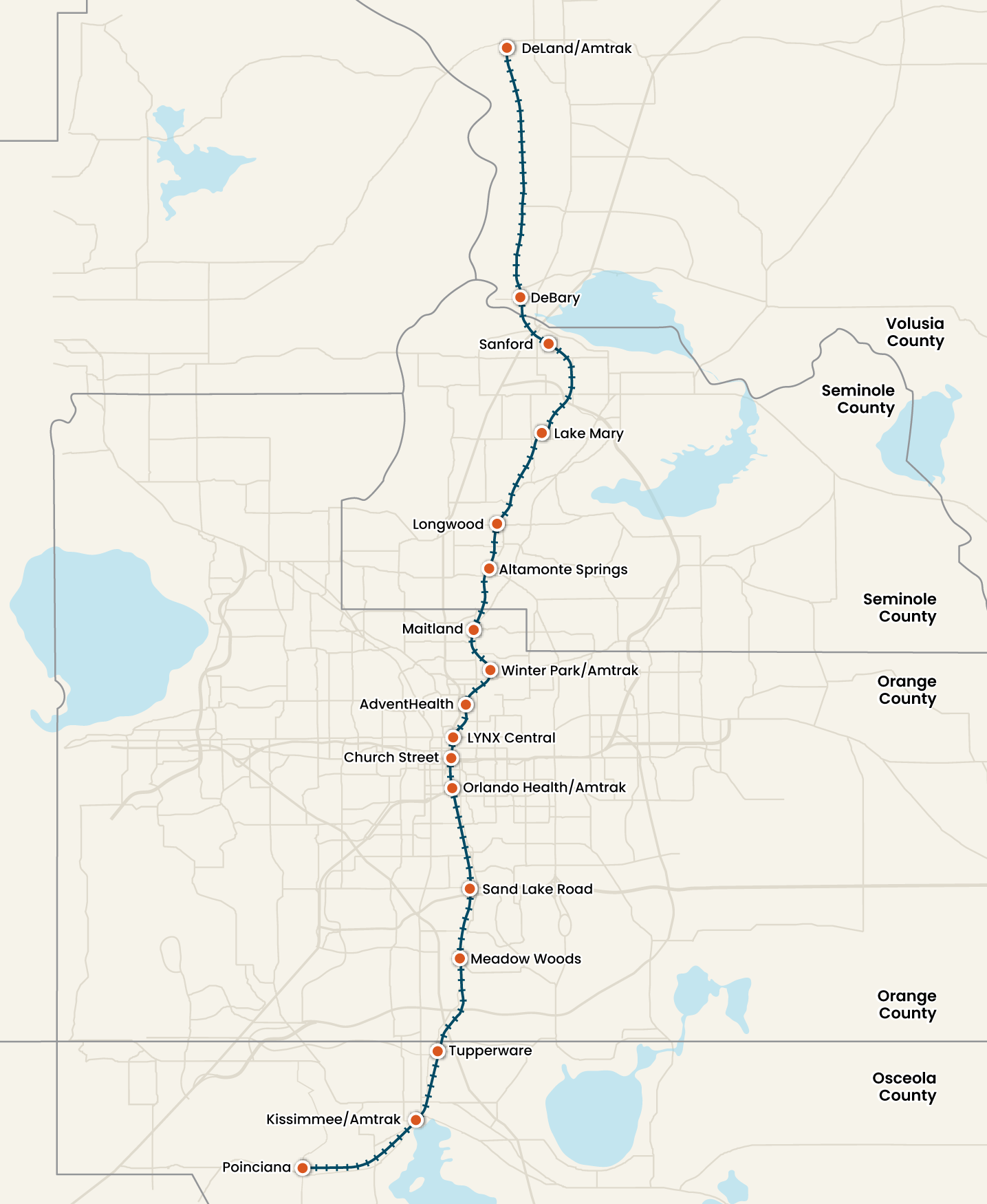 County map showing the counties SunRail travels through.