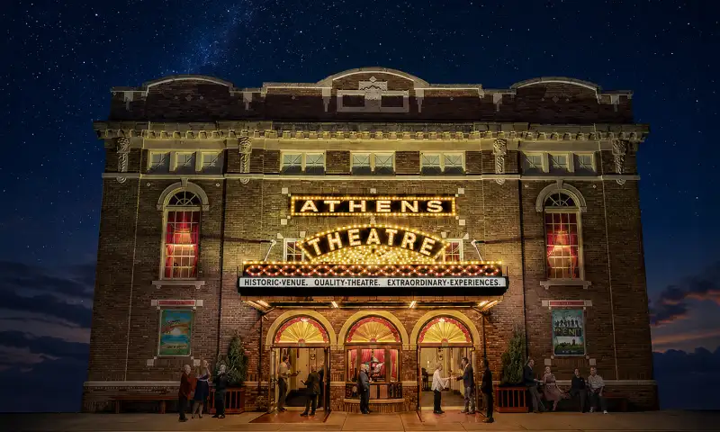 Athens Theatre with guests outside